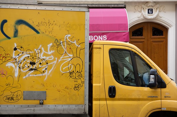 Paris, old postal truck with tags