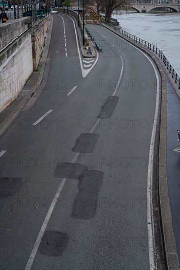 Paris, empty Seine river banks during the coronavirus outbreak, nobody