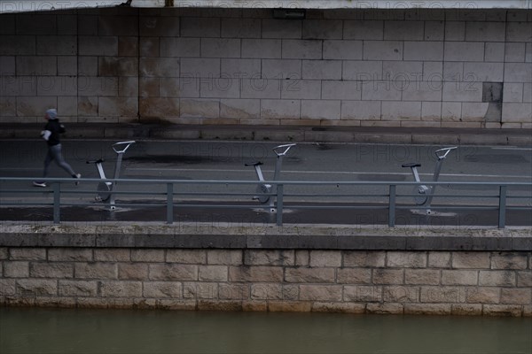 Paris, empty Seine river banks during the coronavirus outbreak, nobody