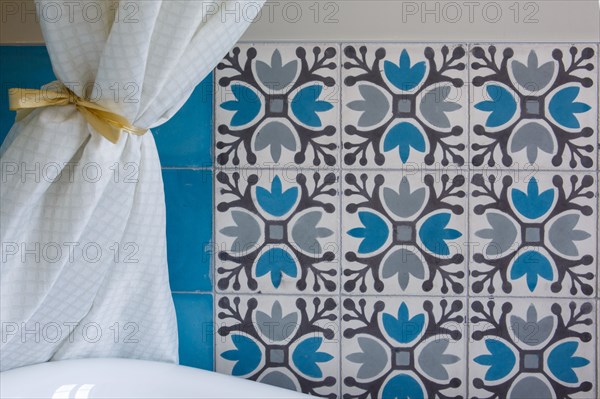 Cement tiles and shower curtain