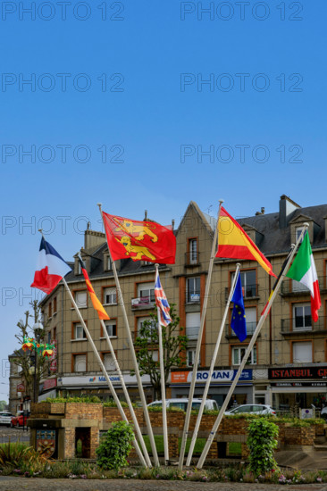 france, région Normandie, Orne, Flers, place du général de Gaulle, carefour giratoire avec drapeaux,