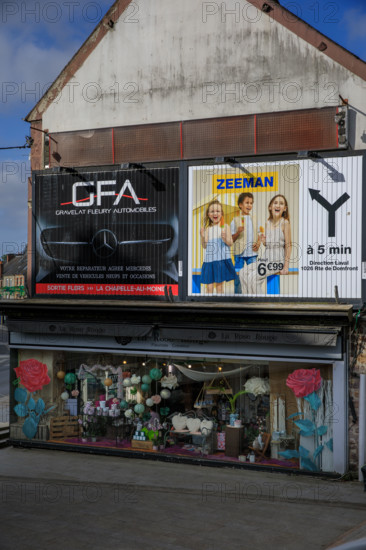 france, région Normandie, Orne, Flers, place du général Leclerc, commerces et publicité murale