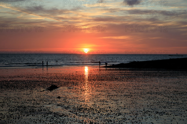 france, region Normandie, Manche, cotentin, Agon coutainville,  plage au soleil couchant