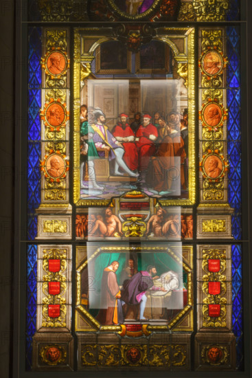 France, région Ile de France, Paris 1e arrondissement, musee du Louvre, escalier Colbert,  vitrail de Léonard de Vinci mourant dans les bras de François 1er,