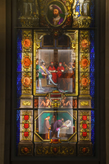 France, région Ile de France, Paris 1e arrondissement, musee du Louvre, escalier Colbert,  vitrail de Léonard de Vinci mourant dans les bras de François 1er,