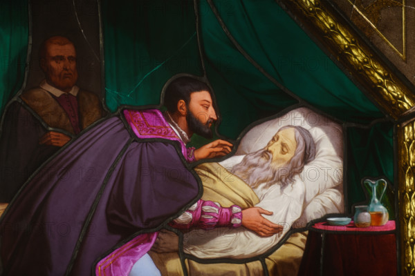 France, région Ile de France, Paris 1e arrondissement, musee du Louvre, escalier Colbert,  vitrail de Léonard de Vinci mourant dans les bras de François 1er,