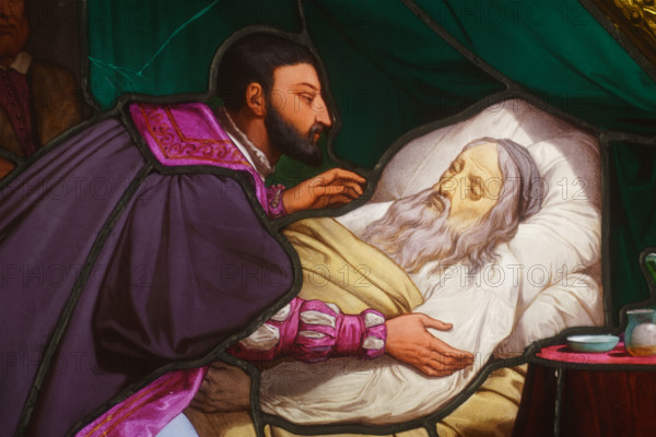 France, région Ile de France, Paris 1e arrondissement, musee du Louvre, escalier Colbert,  vitrail de Léonard de Vinci mourant dans les bras de François 1er,