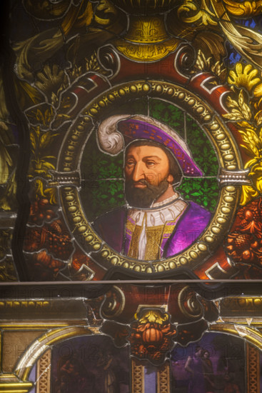 France, région Ile de France, Paris 1e arrondissement, musee du Louvre, escalier Colbert,  vitrail de Léonard de Vinci mourant dans les bras de François 1er,