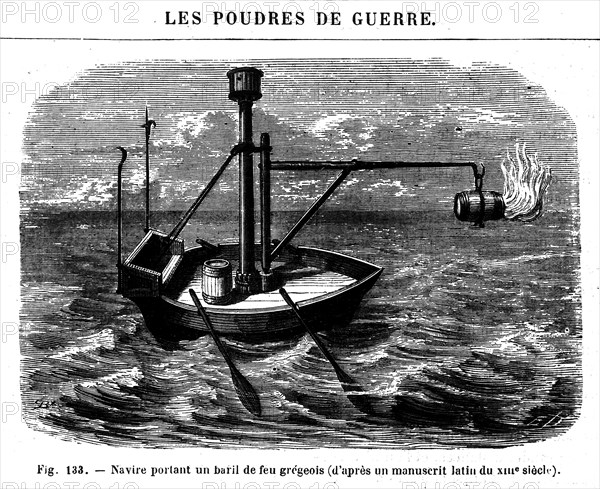 Navire portant le feu grégeois - Gravure du XIXe -