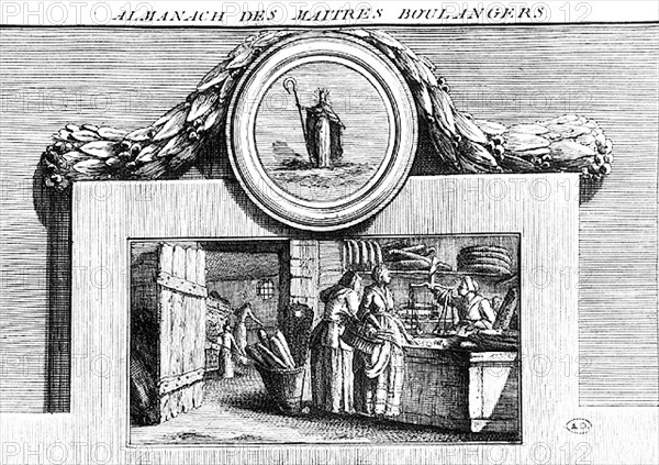 Une boulangerie. Almanach des maîtres boulangers.