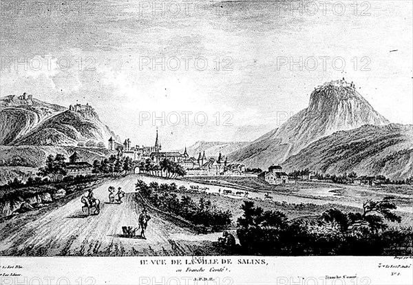 Franche-Comté. Vue de Salins. Dessin de Lallemand.