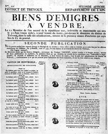 Affiche de vente de biens d'émigrés