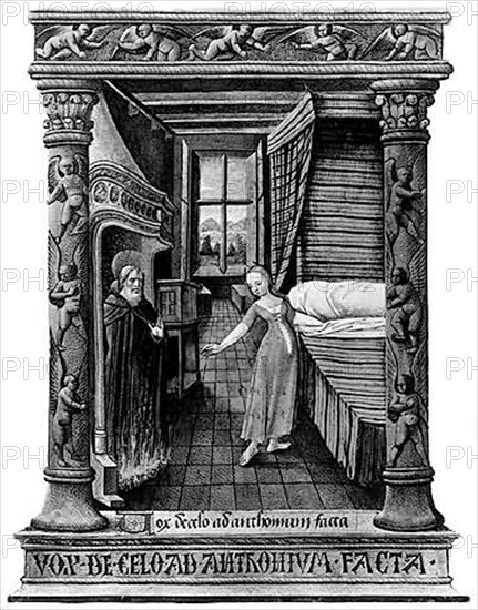 Une chambre avec lit et cheminée. Tentation de Saint Antoine.
