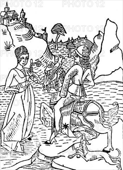Knight meeting a lady at the bottom of a castle
