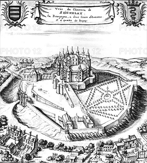 Le château de Seignelay en Bourgogne. Gravure.