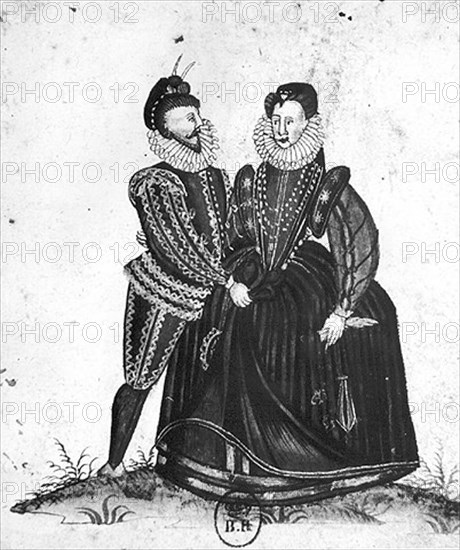 Epoque Henri IV. Homme soulevant la robe d'une dame.