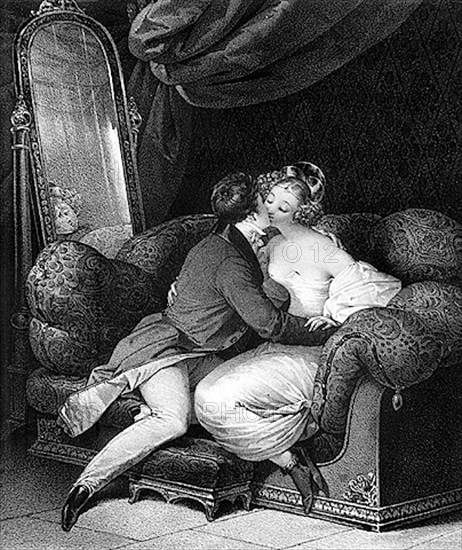 Vers 1830. Vie quotidienne. Couple sur un sofa.