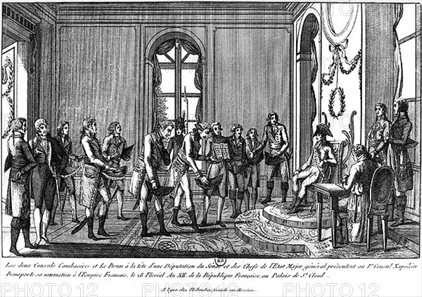 Cambacerès et Lebrun présentent à Napoléon Bonaparte sa nomination à l'Empire