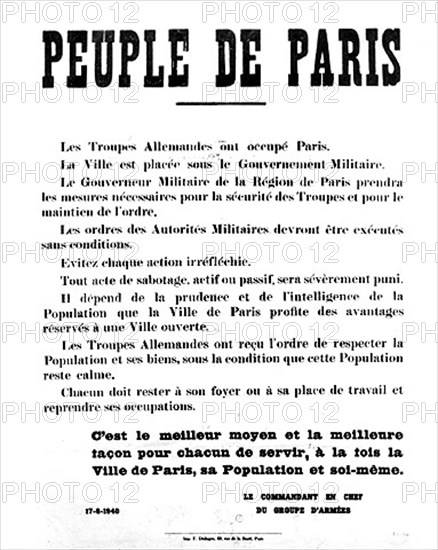 Affiche allemande annonçant l'occupation de Paris.
