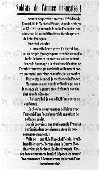 20 juin 1940 . Discours radiodiffusé du maréchal Pétain.