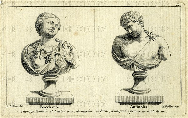 Mythologie grecque. A gauche, Bacchante. A droite, Antinoüs.