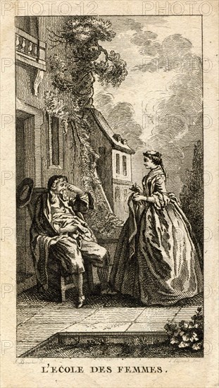 Engraving of XVIIIe century.  Scene of the School of the Women of Molière.