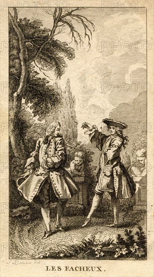 Engraving of XVIII century. Scene of Molière being a nuisance.