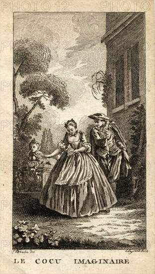 Engraving of XVIIIe century.  Scene of the Imaginary Cuckold of Molière.