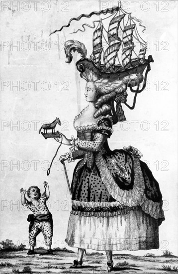Satirical engraving: woman with grotesque hairstyle