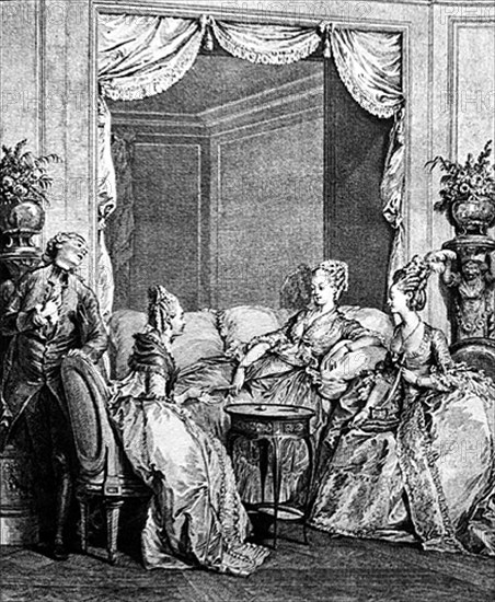 Réunion de dames dans un salon à miroirs.