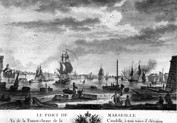 Le port de Marseille. Gravure de Le Gouaz.