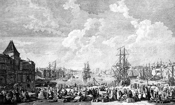 Vue du port de Marseille. Gravure du temps.