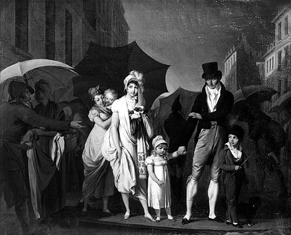 Vers 1795. Le Directoire. Scène de rue. " L'averse " par Boilly.