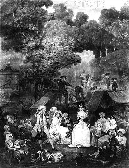 Fête dans un parc à l'époque de Marie-Antoinette.