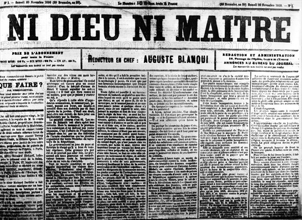 Manchette du journal fondé par Blanqui " Ni Dieu ni Maître "