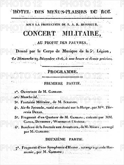 Restauration. Programme d'un concert militaire