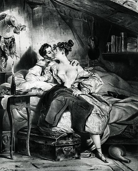 Vers 1820. La vie de Bohème. Scène galante.