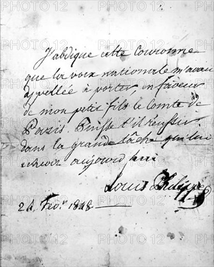 24 février 1848. Acte d'abdication du roi Louis-Philippe.