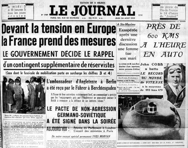 Le Journal. Tension en Europe, rappel des réservistes. 24 août 1939