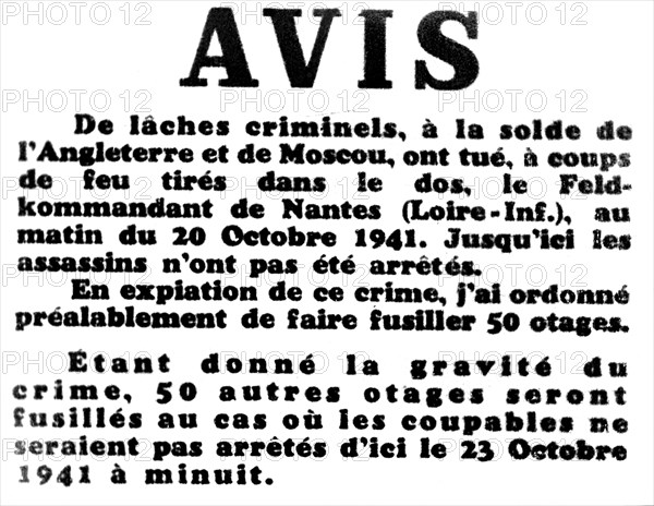 Occupation allemande en France. Avis du 20 octobre 1941