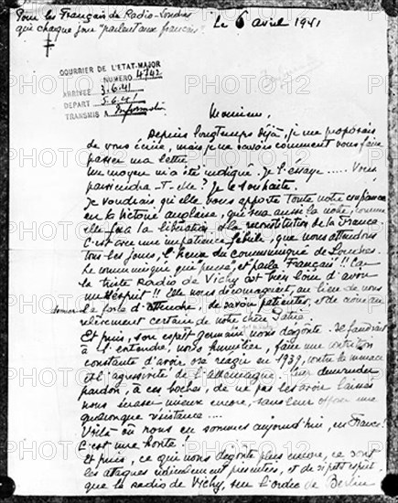 Lettre reçue de France par le général de Gaulle à Londres.