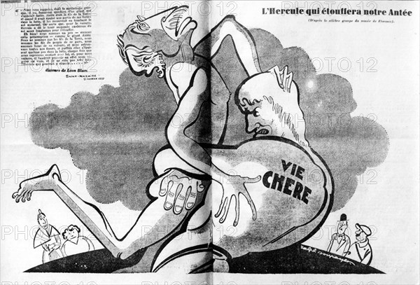 Caricature. Blum terrassé par la vie chère. 1937. La Presse.