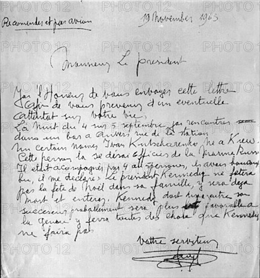 Lettre de " Peeters " adressée au président Kennedy, 1963