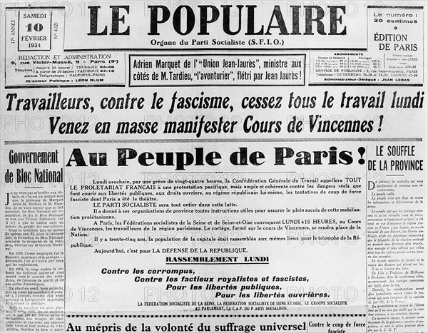 10 février 1934. Manchette de " Le Populaire ". Appel au peuple de Paris.