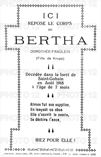 Pamphlet-  août 1918. Ici repose le corps de Bertha (le canon)