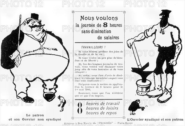 1 mai 1906. Caricature sur la journée de 8 heures.