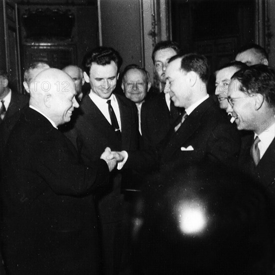 The Sixties.  Khrushchev, in visit in Paris, meets Michel Debré.