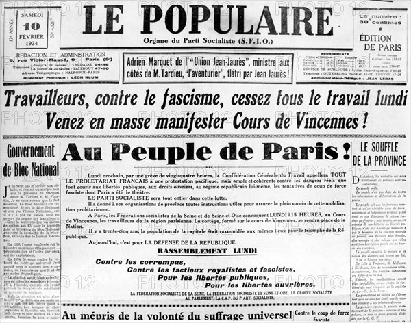 Manchette du Populaire. Appel au peuple de Paris.'10 février 1934.