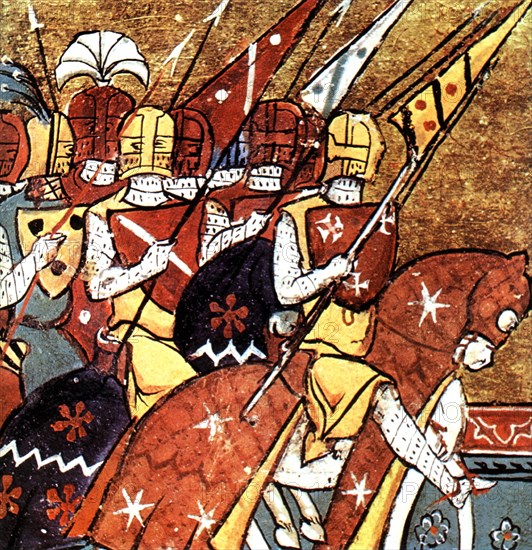 Illuminated manuscript, Godefroy de Bouillon and his knights leaving on the 1st Crusade