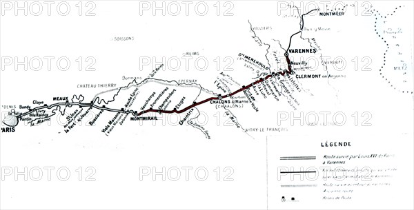 Carte de la route de Varennes où fut arrêté le roi Louis XVI.